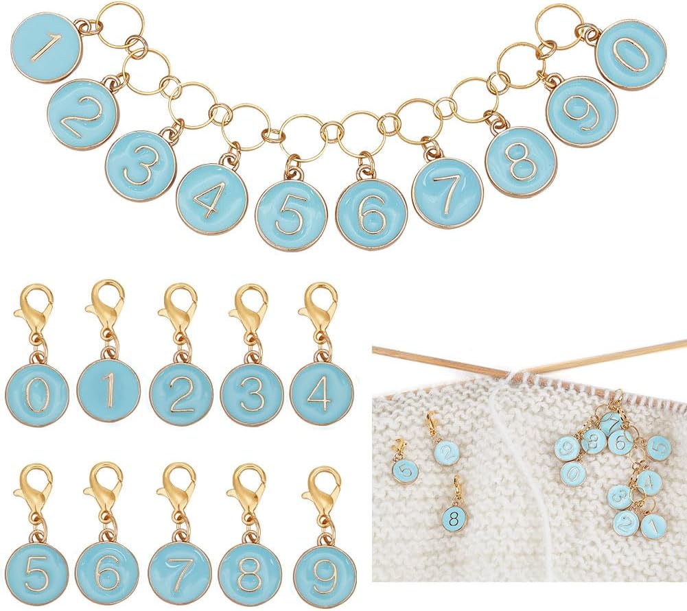 Benecreat Blue Enamel 11pc Acrylic Number Knitting Row Counter Chains and stitch markers