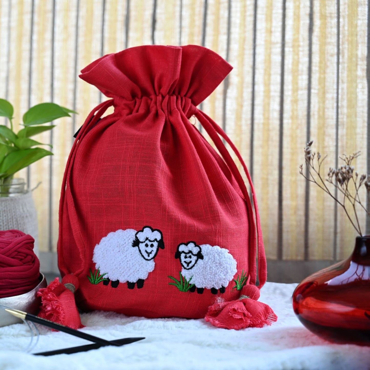 Lantern Moon Project Bag - Red with White Sheep